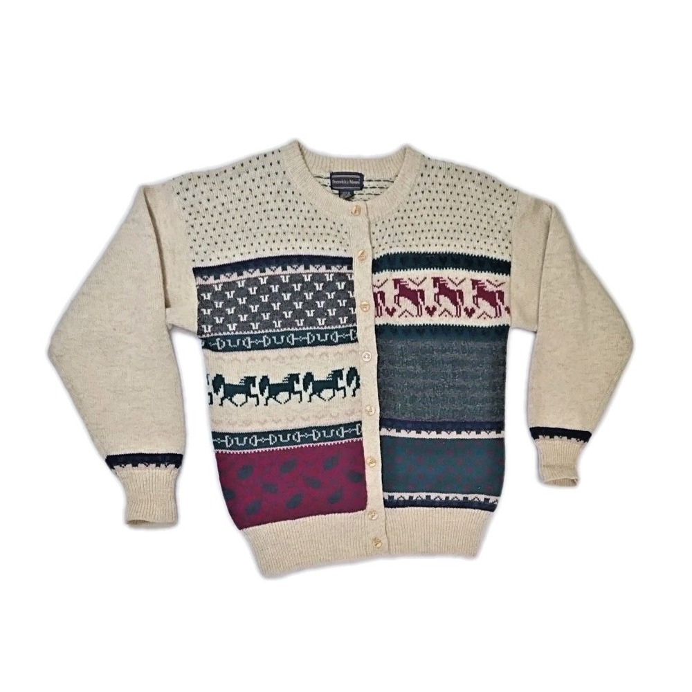 Vtg 1980s Preswick Moore Horse Bit Heart Fair Isle Wool Cardigan Sweater Size M